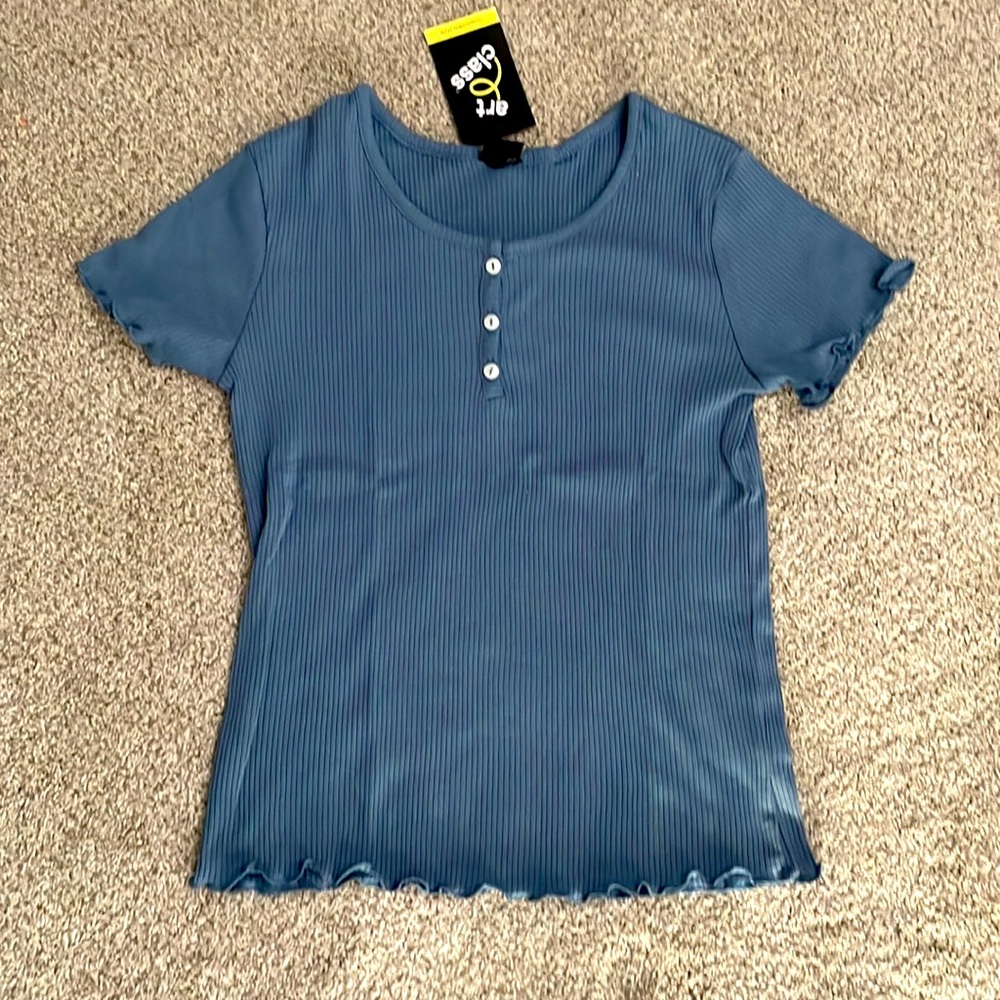 Blue Rib-Knit Blouse
